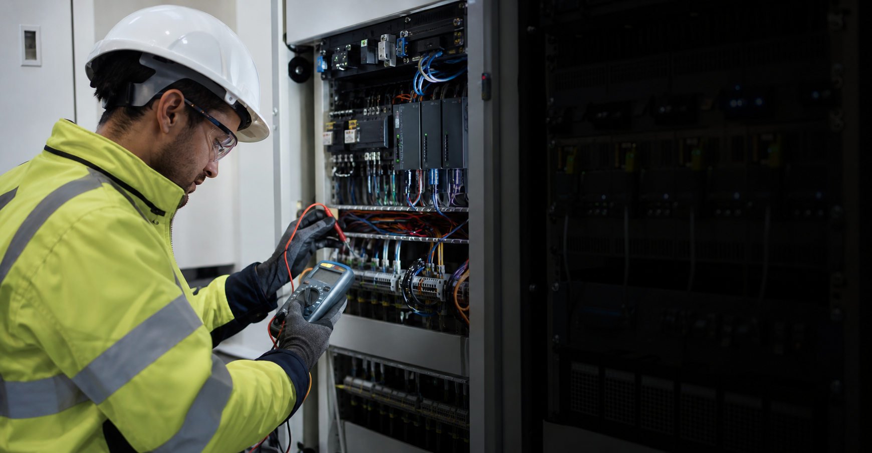 Instrumentation specialist working in a controls cabinet